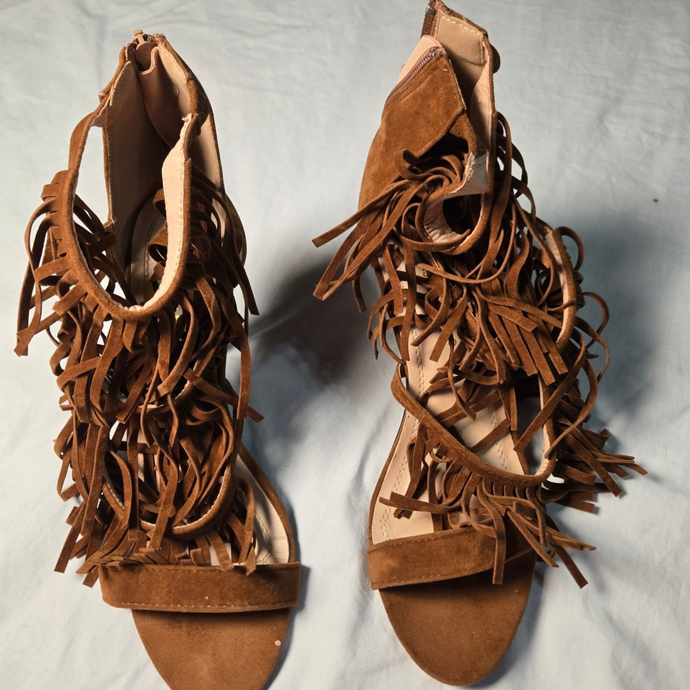 Chase & Chloe Brown Fringe Stiletto Sandals Open Toe Back Zip Heels‎ Size 10